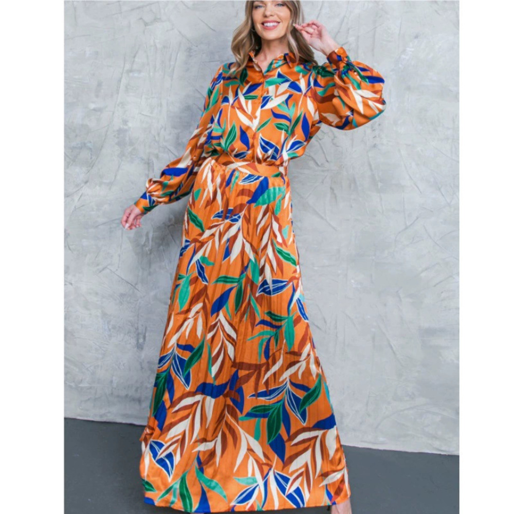 Forever 21 Women's Printed Long-Sleeve Top Pleated Skirt 2-Piece Set
